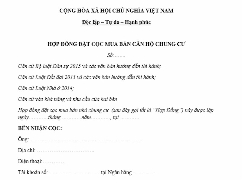 Mẫu hợp đồng đặt cọc mua bán căn hộ chung cư