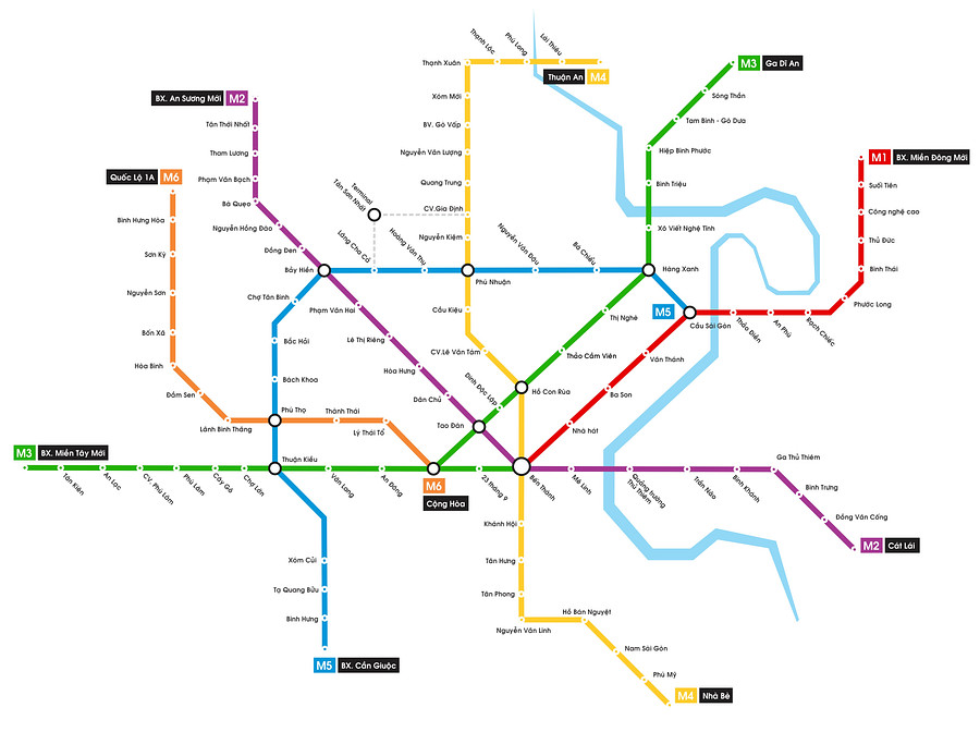 Sơ đồ các tuyến metro TP.HCM với Tuyến Số 2 được đánh dấu